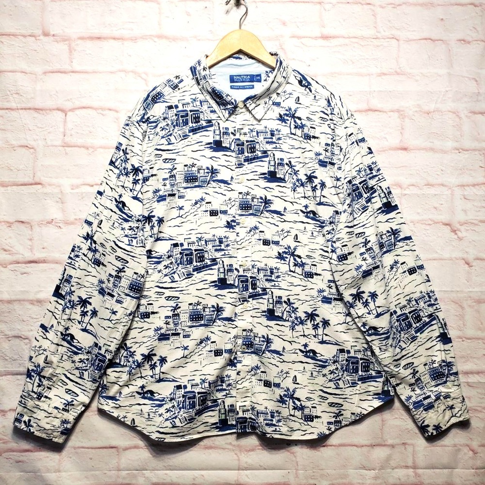 Nautica Blue Sail Shirt Mens 2XL White‎ Blue Classic Fit Stretch Coastal Resort